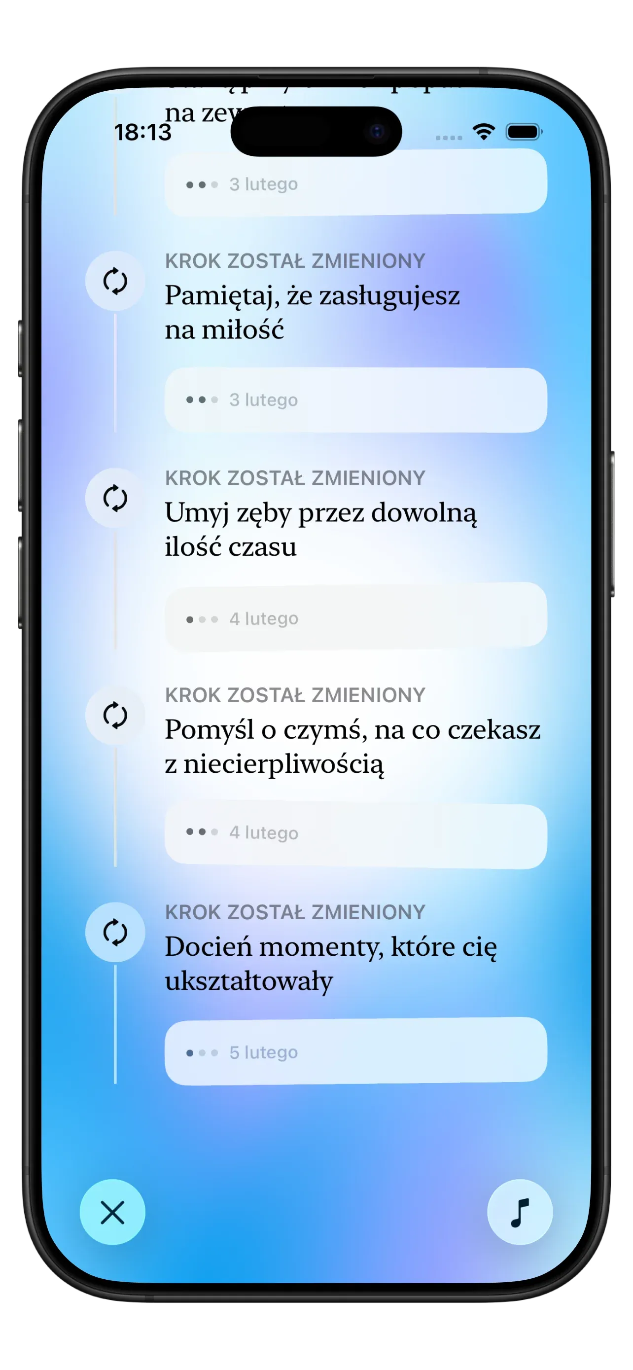 Zrzut ekranu aplikacji Yizo pokazujący widok podróży z osobistymi notatkami i historią refleksji