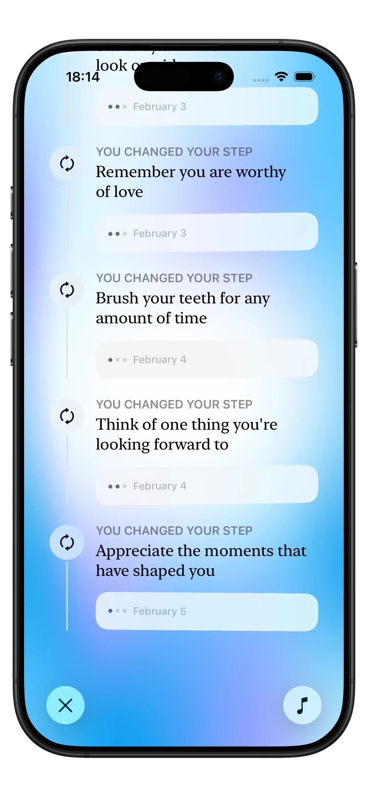 Screenshot of Yizo app showing the journey view with personal notes and reflection history