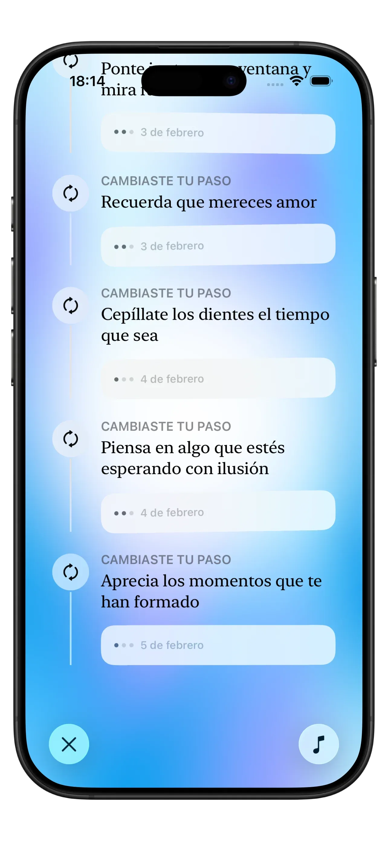 Captura de pantalla de la aplicación Yizo mostrando la vista del viaje con notas personales e historial de reflexiones