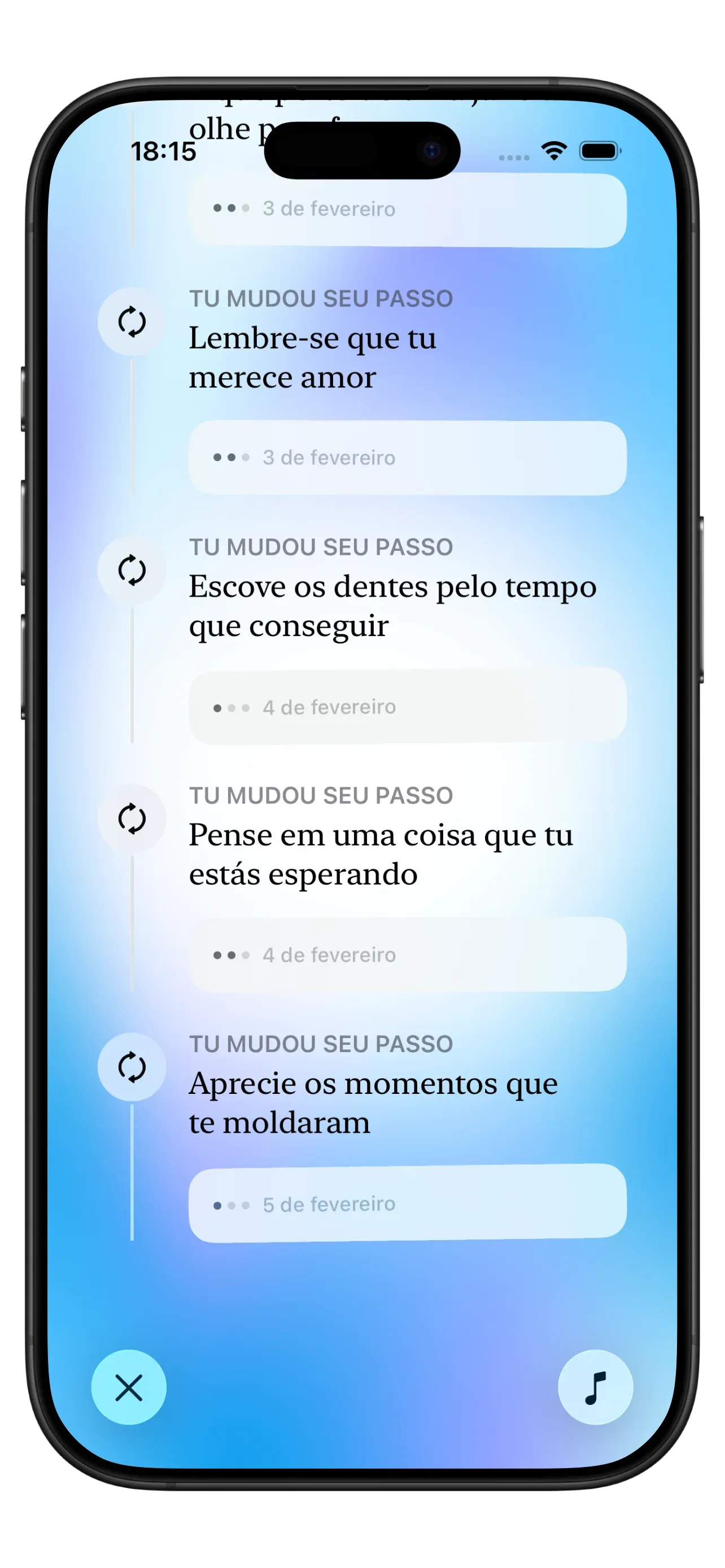Captura de tela do aplicativo Yizo mostrando a visualização da jornada com notas pessoais e histórico de reflexões