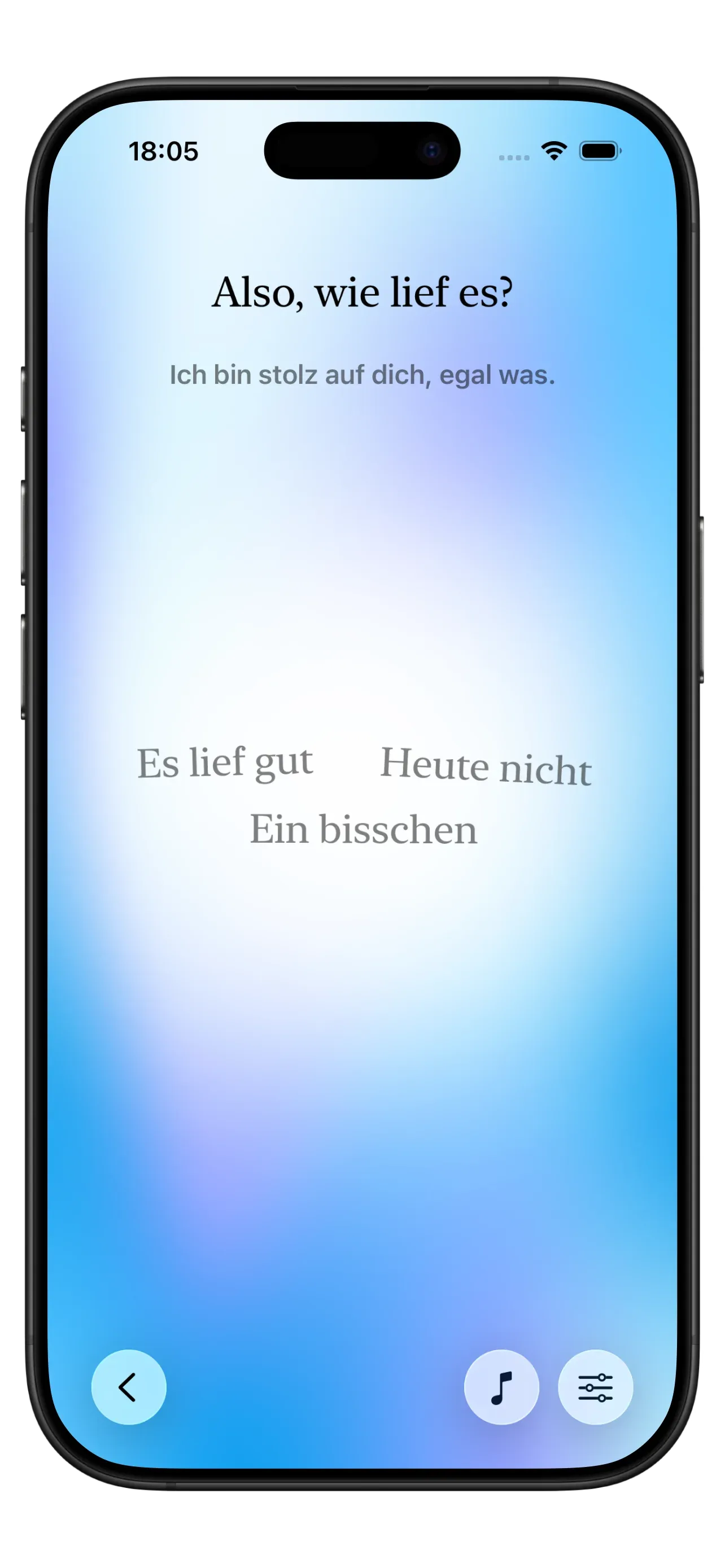 Screenshot der Yizo-App mit einer urteilsfreien Benutzeroberfläche ohne Streaks oder schuldauslösende Benachrichtigungen