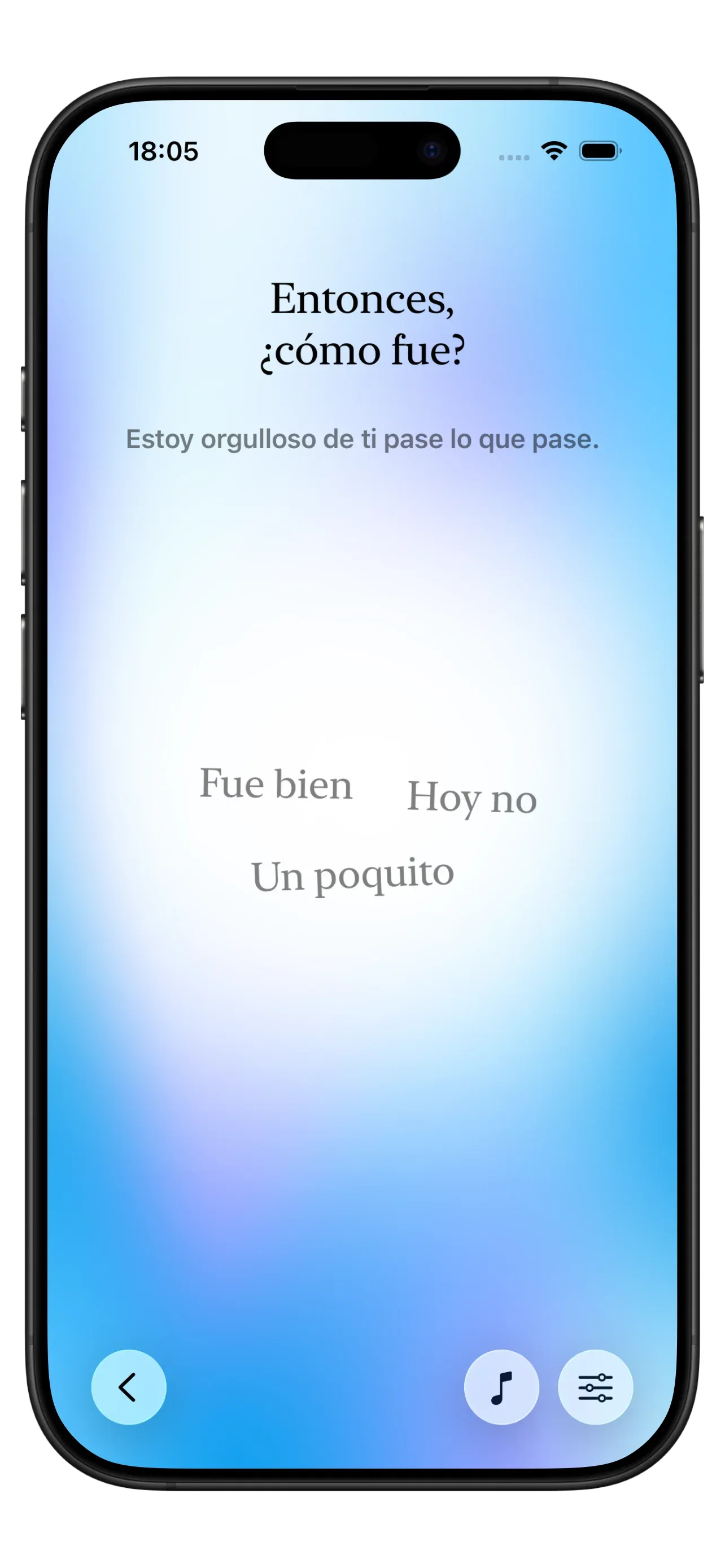 Captura de pantalla de la aplicación Yizo mostrando una interfaz sin juicios, rachas o notificaciones que induzcan culpa