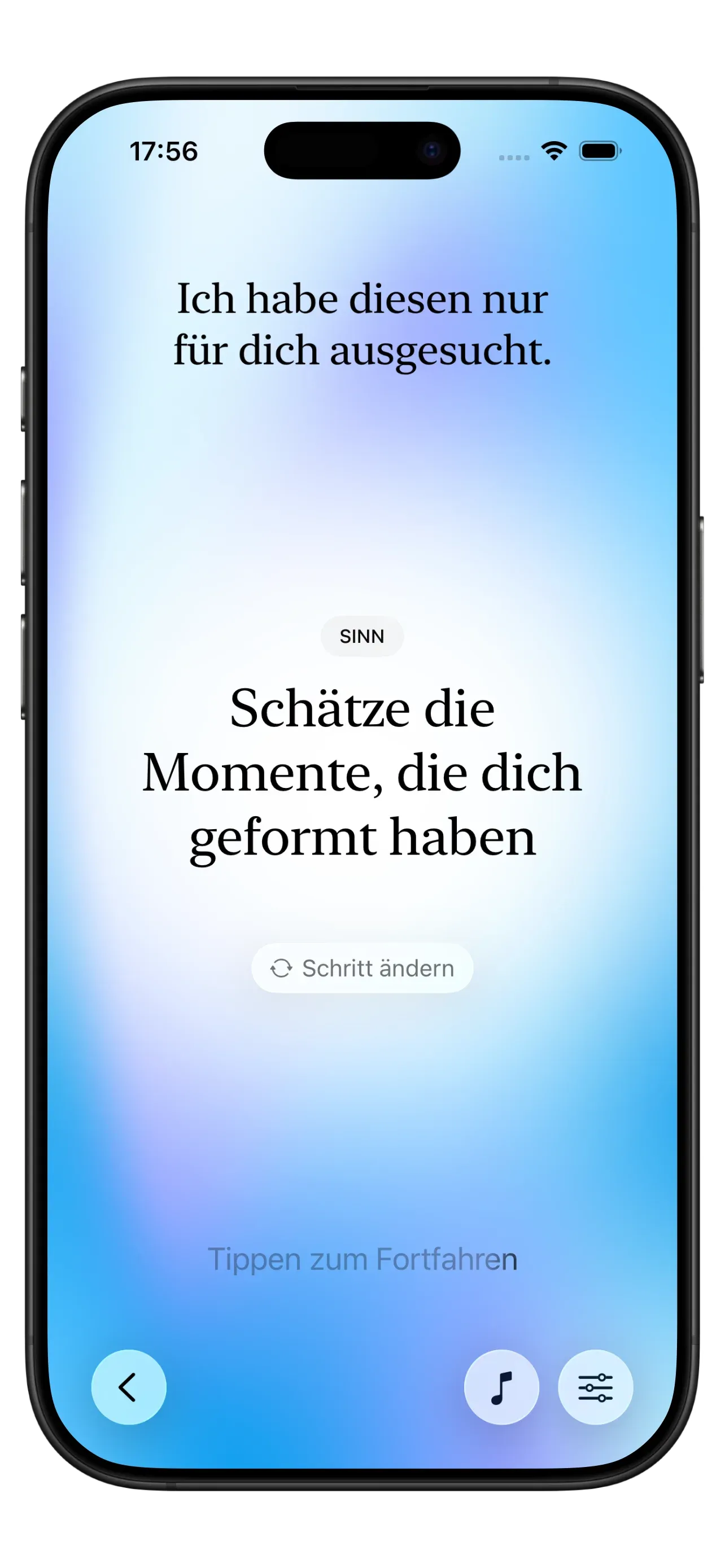 Screenshot der Yizo-App mit einem täglichen Schrittvorschlag und Optionen zum Ausführen, Ändern oder Überspringen