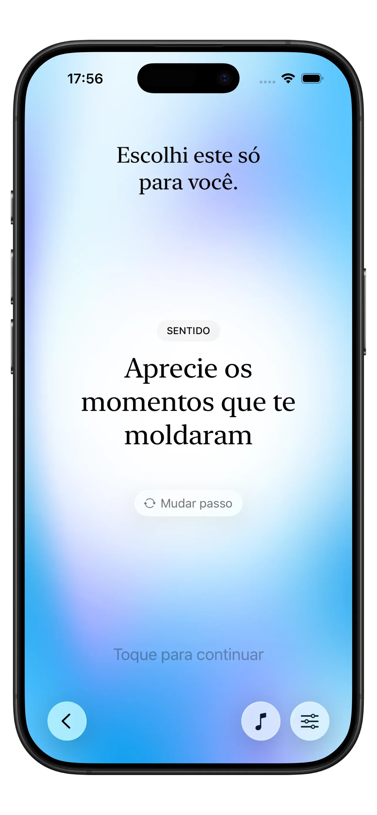 Captura de tela do aplicativo Yizo mostrando uma sugestão de passo diário com opções para fazer, mudar ou pular